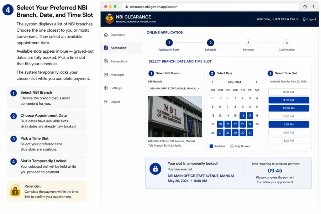 NBI Clearance 4 Select Your Preferred NBI Branch, Date, and Time Slot